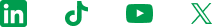 Four green social media icons in a row, representing LinkedIn, TikTok, YouTube, and X (formerly Twitter) on a light background.