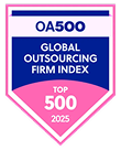 A badge displaying "OA500 Global Outsourcing Firm Index, Top 500, 2025" in blue, pink, and white colors.
