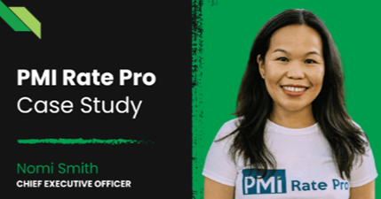A woman in a PMI Rate Pro t-shirt smiles next to text that reads "PMI Rate Pro Case Study" and "Nomi Smith, Chief Executive Officer" on a black and green background. A woman in a PMI Rate Pro t-shirt smiles next to text that reads "PMI Rate Pro Case Study" and "Nomi Smith, Chief Executive Officer" on a black and green background.