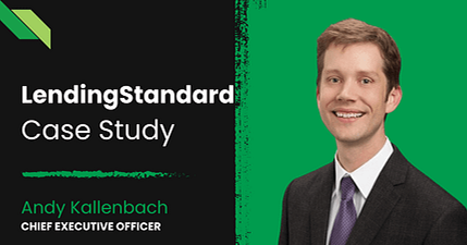 A business presentation slide featuring "LendingStandard Case Study" and a portrait of a man in a suit labeled as Andy Kallenbach, Chief Executive Officer. A business presentation slide featuring "LendingStandard Case Study" and a portrait of a man in a suit labeled as Andy Kallenbach, Chief Executive Officer.