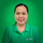 A woman wearing a green "FULL SCALE" polo shirt smiles in front of a solid green background, representing a reliable team where you can hire API developers for restful API development.