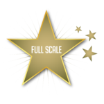 A large gold star with the words "FULL SCALE" in the center, surrounded by three smaller gold stars and radiant lines on a white background.