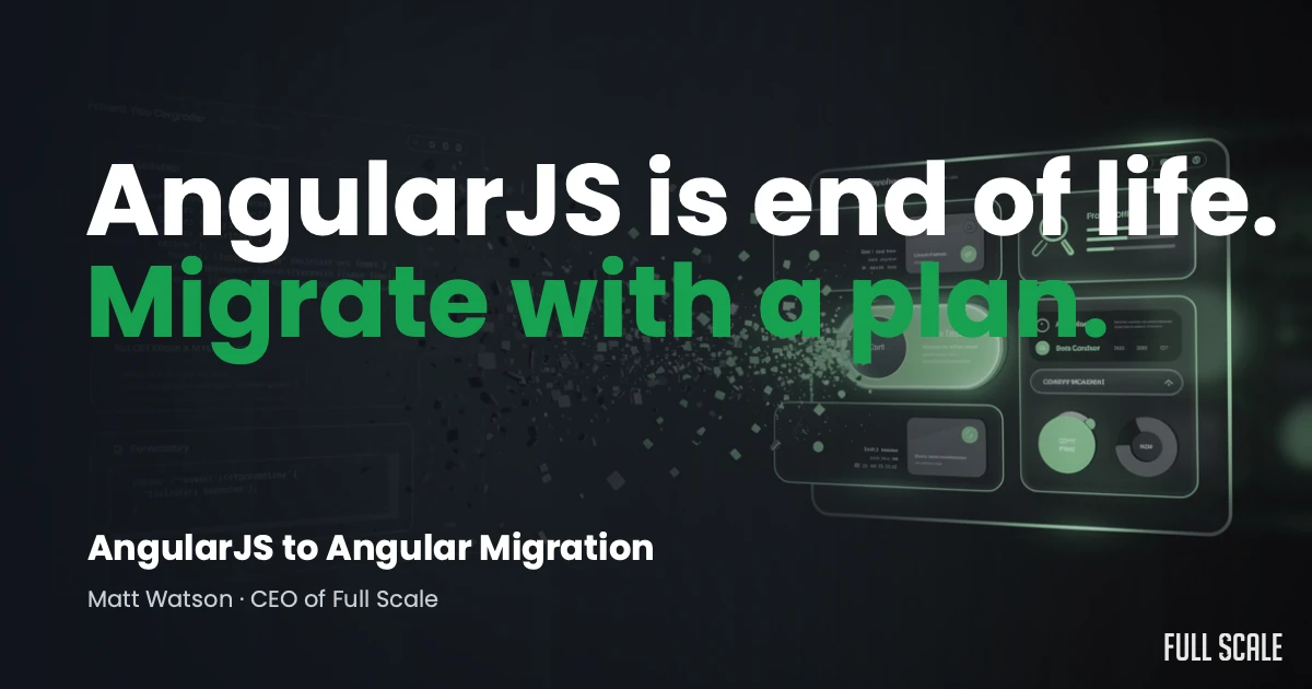 Slide with the text "AngularJS is end of life. Migrate with a plan." promoting AngularJS to Angular migration, with a digital dashboard background.