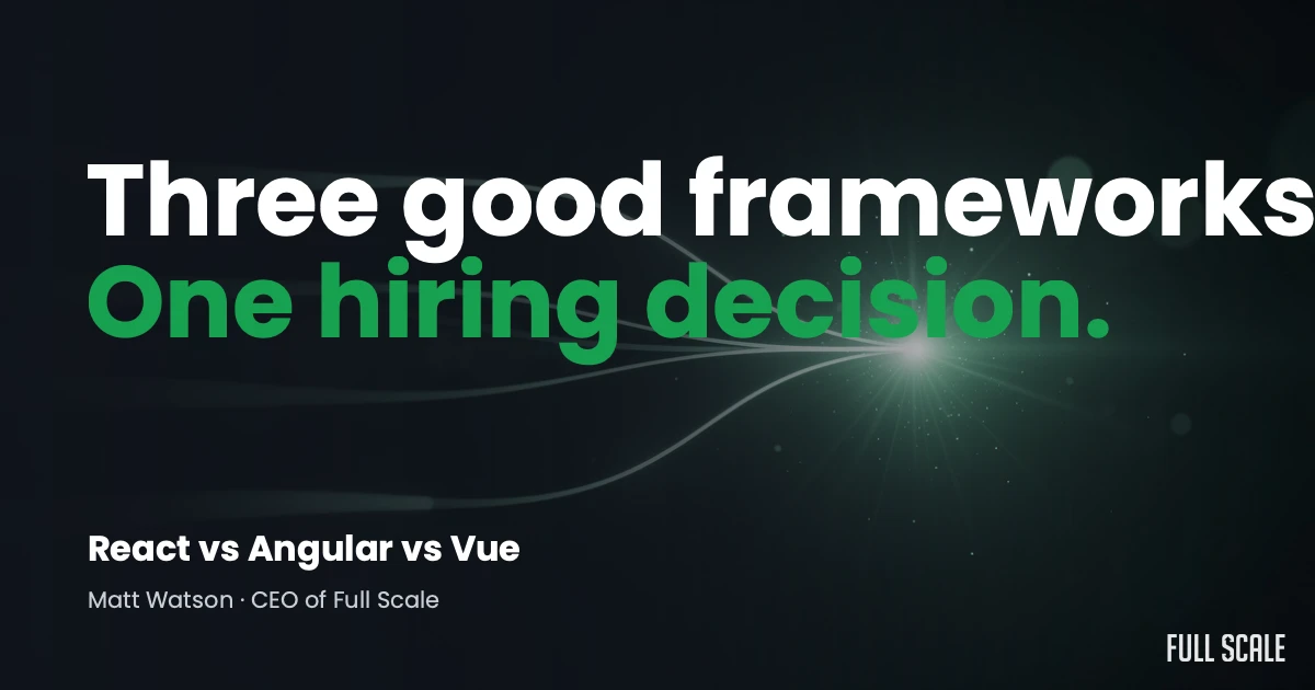 A graphic with the text: "Three good frameworks. One hiring decision. React vs Angular vs Vue. Matt Watson - CEO of Full Scale." The Full Scale logo is in the corner.